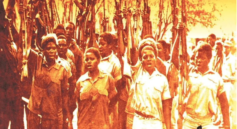 Children holding rifles in Africa in their school uniforms, in protest against the regime. 